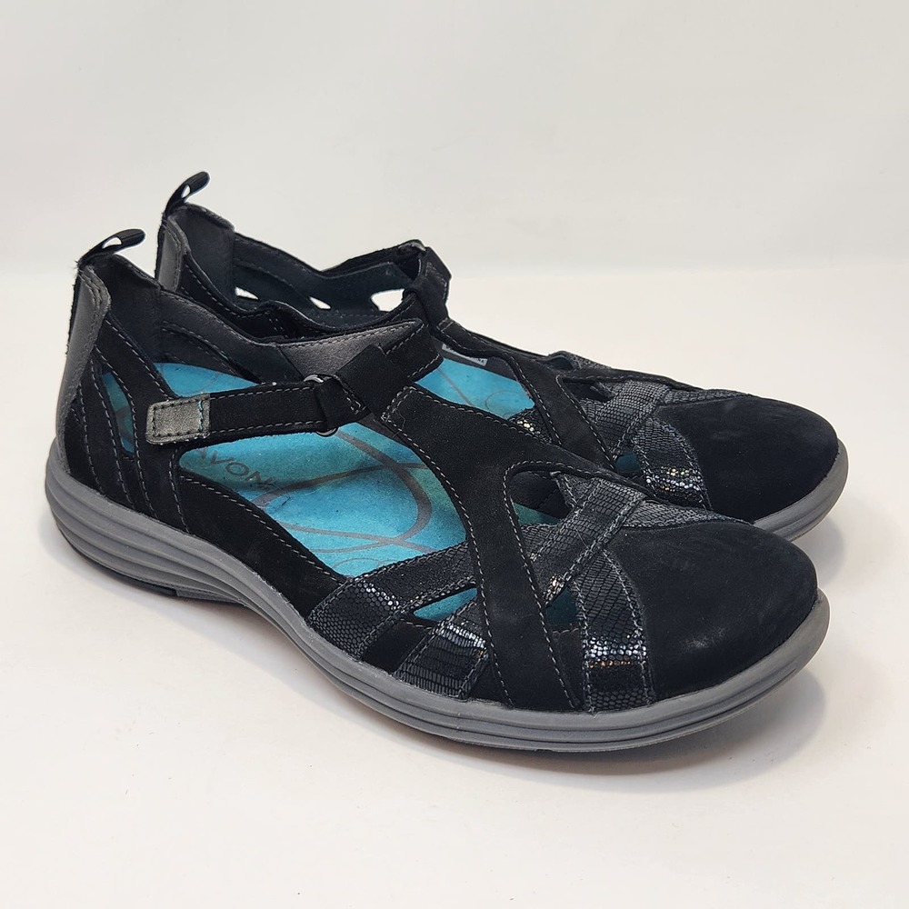Aravon Womens Black Nubuck Leather Beaumont Fisherman Sandals Size 7.5 B Comfort